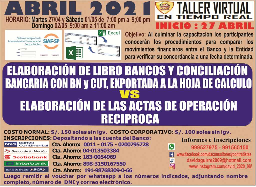 ELABORACIÓN DEL LIBRO BANCOS Y CONCILIACIONES BANCARIAS CON BN Y CUT VS ELABORACIÓN DE LAS ACTAS DE OPERACIÓN RECIPROCA